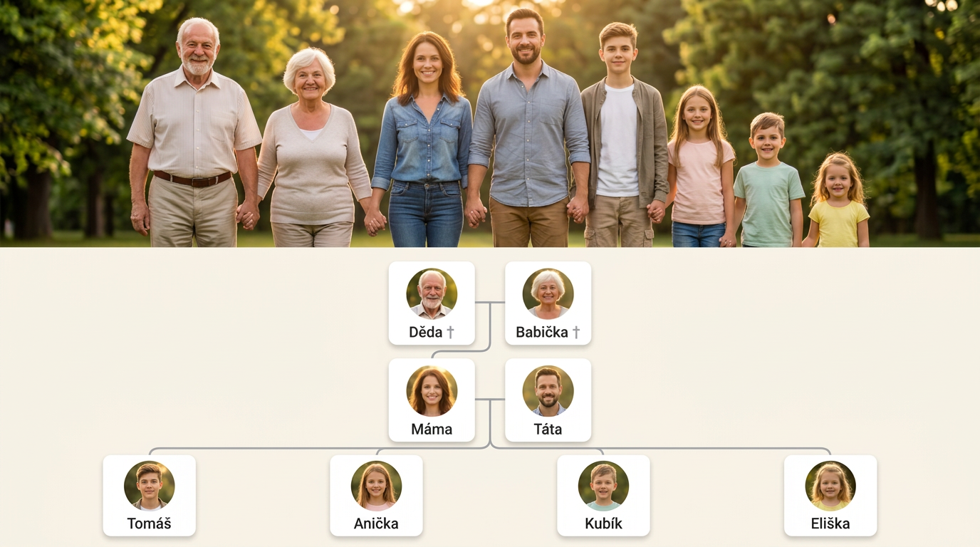 Ukázka rodokmenu: rodinná fotografie, strom s kartami (Děda, Babička, Máma, Táta, děti) a tarif Premium
